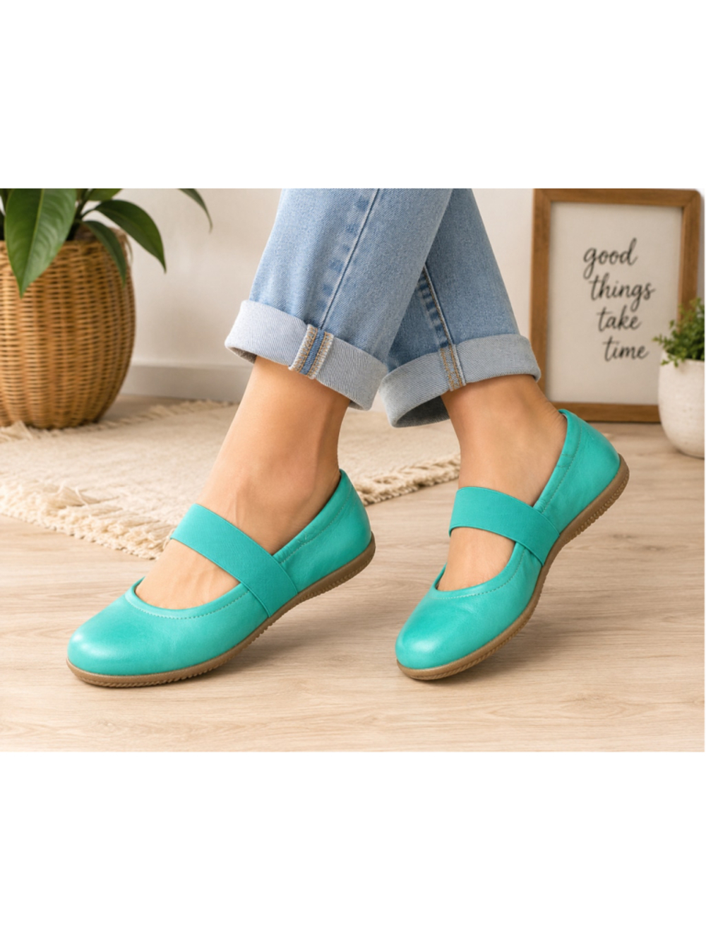 SoftWalk Turquoise Leather Mary Jane Comfort Flats Elastic Strap Women’s 7.5N